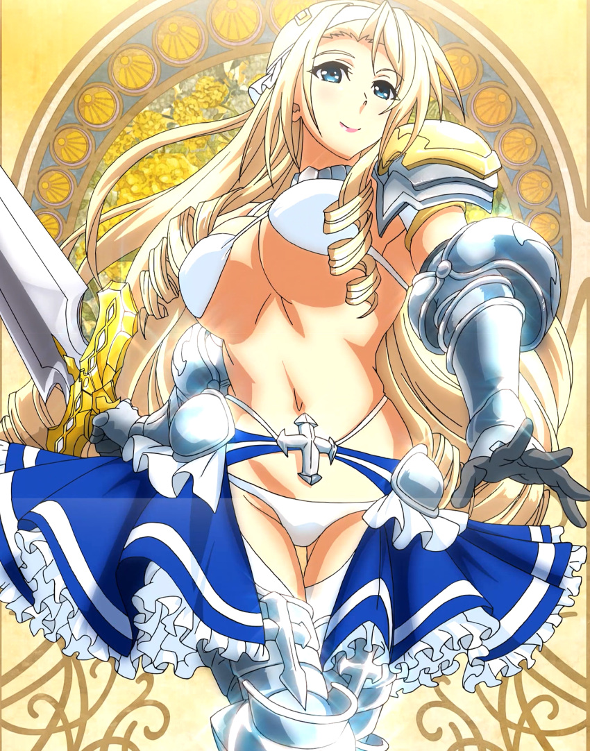 1girl, arm_guards, armor, armored_boots, bikini, bikini_armor, bikini_warriors, blonde_hair
