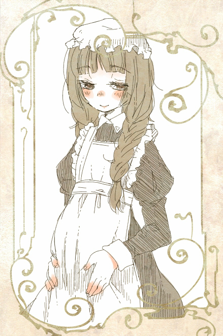 1girl, apron, blush, braid, brown_hair, hands_on_stomach, hantoumei_namako, hat, long_hair, maid, maid_apron, mob_cap, monochrome, pregnant, simple_background, smile, twintails