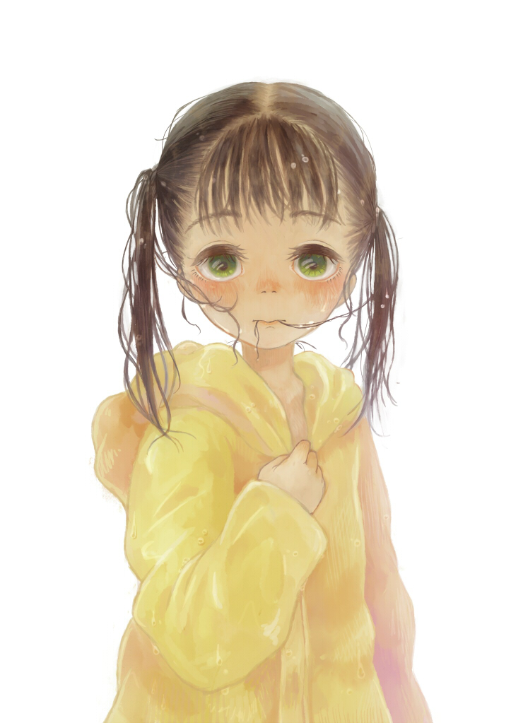 1girl, blush, brown_hair, child, green_eyes, hair_in_mouth, hantoumei_namako, raincoat