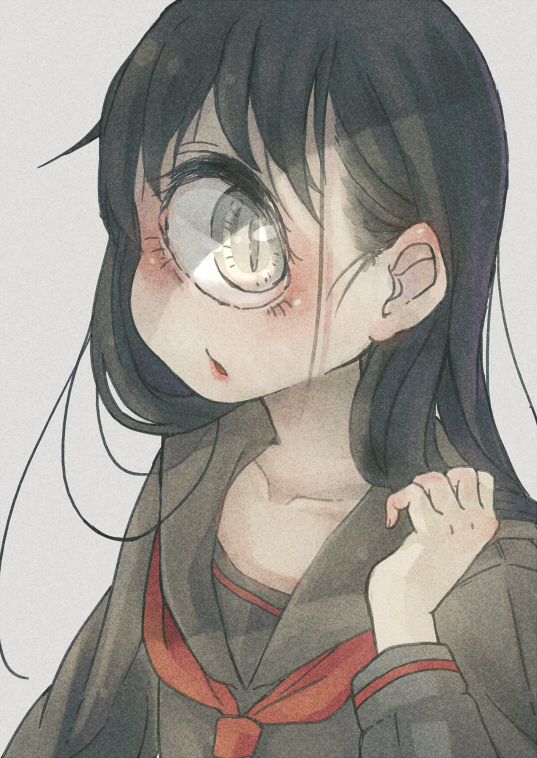 1girl, black_hair, bow, collarbone, cyclops, hantoumei_namako, lips, long_hair