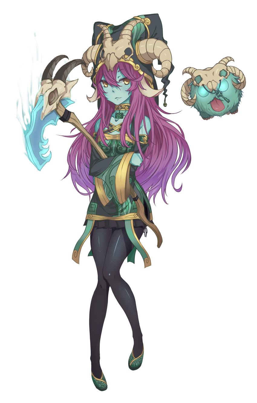 1girl, bare_shoulders, black_legwear, black_pantyhose, black_skirt, blue_skin, closed_mouth, collar, collarbone, detached_sleeves, female, hat, holding, holding_weapon, horns, jewelry, league_of_legends, long_hair, long_sleeves, looking_at_viewer, lulu_(league_of_legends), necklace, pantyhose, purple_hair, sakimei, skirt, smile, solo, staff, weapon, white_background, witch_hat, yellow_eyes