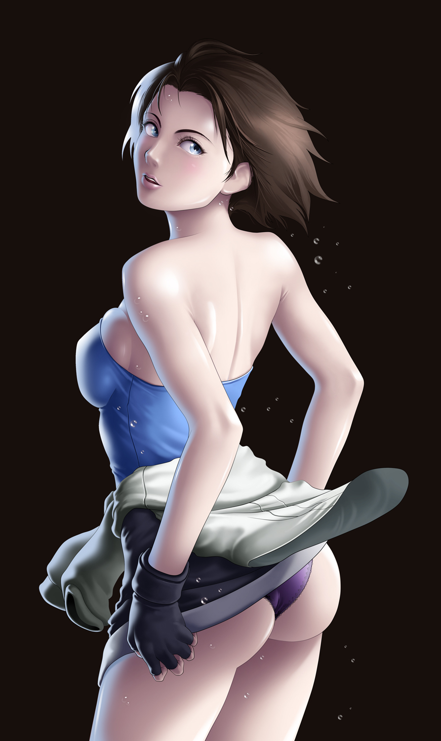 1girl, ass, back, bare_shoulders, black_hair, blue_eyes, breasts, capcom, clothes_around_waist, dripping, female, fingerless_gloves, gloves, highres, impossible_clothes, impossible_shirt, jill_valentine, large_breasts, legs, looking_back, miniskirt, panties, purple_panties, resident_evil, resident_evil_3, shirt, short_hair, simple_background, skirt, skirt_lift, solo, standing, strapless, sweat, sweater_around_waist, sweating, thighs, thor_(deep_rising), underwear