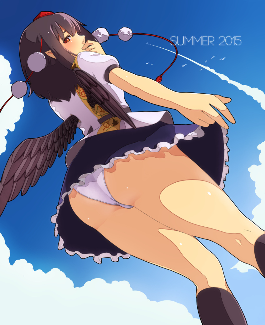 1girl, ass, bird_wings, black_hair, black_wings, blue_sky, blush, clouds