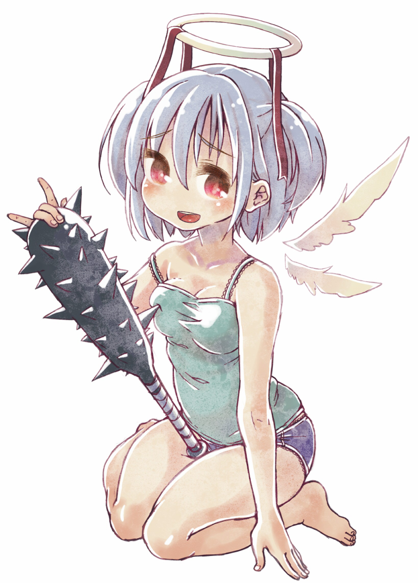 1girl, \m/, angel, angel_wings, barefoot, blue_hair, bokusatsu_tenshi_dokuro-chan, breasts