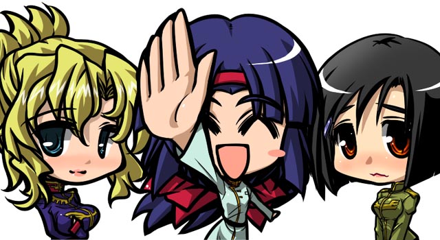 3girls, black_hair, blonde_hair, blue_hair, brown_eyes, chibi, gundam, gundam_lost_war_chronicles, hirowa_nagi, jane_contie, may_cowin, military, military_uniform, multiple_girls, simple_background, uniform, yuki_nakasato