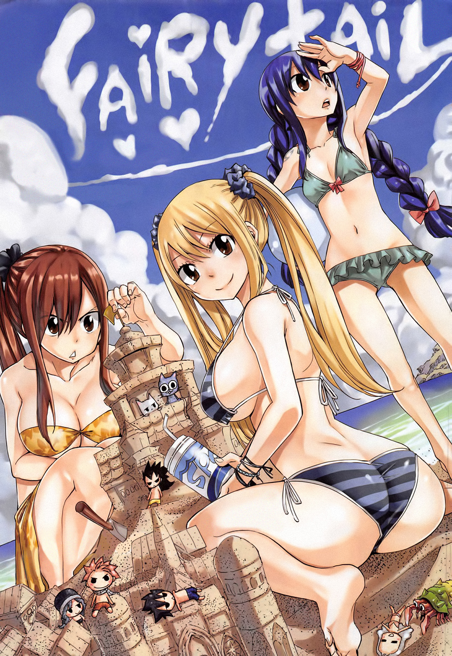 3girls, 4boys, 6+girls, armpits, ass, barefoot, beach, bikini, blonde_hair, blue_hair, blue_sky, blush, braid, breasts, brown_eyes, brown_hair, chibi, cleavage, erza_scarlet, fairy_tail, feet, frilled_bikini, frills, front-tie_top, gajeel_redfox, gray_fullbuster, hair_ribbon, happy_(fairy_tail), hermit_crab, highres, huge_ass, juvia_loxar, large_breasts, long_hair, looking_at_viewer, lucy_heartfilia, mashima_hiro, mirajane_strauss, multiple_boys, multiple_girls, natsu_dragneel, navel, ocean, official_art, open_mouth, outdoors, ponytail, purple_hair, redhead, ribbon, sand, sand_castle, sand_sculpture, sandcastle, sarong, side-tie_bikini, sideboob, sitting, sky, small_breasts, smile, standing, straw, striped, striped_bikini, swimsuit, thermos, twin_braids, twintails, wariza, water, wendy_marvell