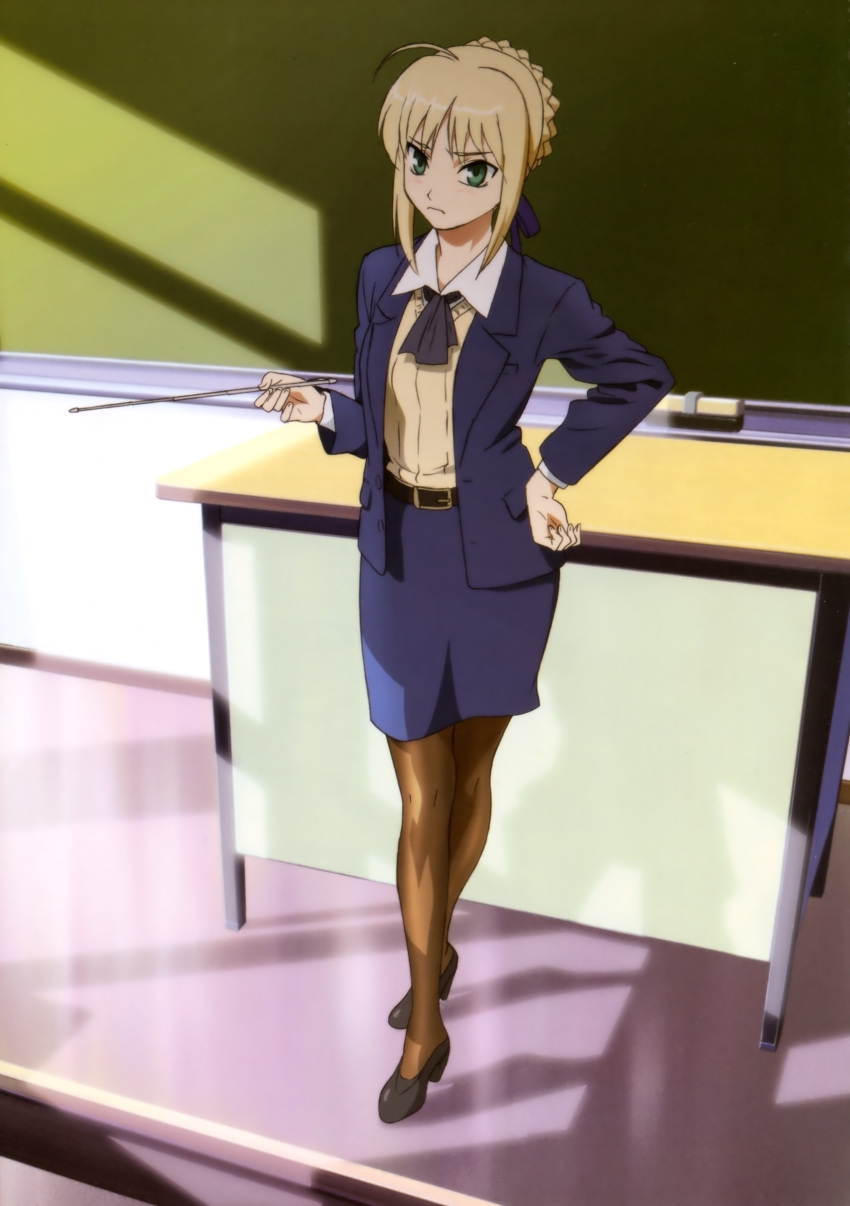 absurdres, ahoge, ascot, belt, black_legwear, blonde_hair, chalkboard, classroom_eraser, desk, fate/stay_night, fate_(series), formal, green_eyes, hair_ribbon, hand_on_hip, high_heels, highres, pantyhose, pointer, ribbon, saber, scan, shoes, skirt, skirt_suit, solo, standing, suit, suzuki_hirofumi, teacher