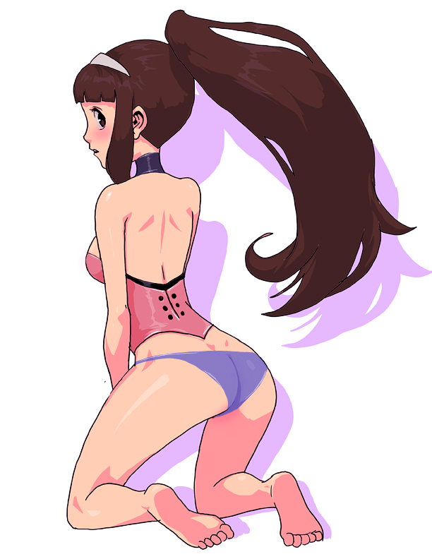1girl, ass, back, bare_back, barefoot, brown_eyes, brown_hair, character_request, comcept, daga, dimples_of_venus, long_hair, looking_back, panties, ponytail, red_ash, simple_background, underwear