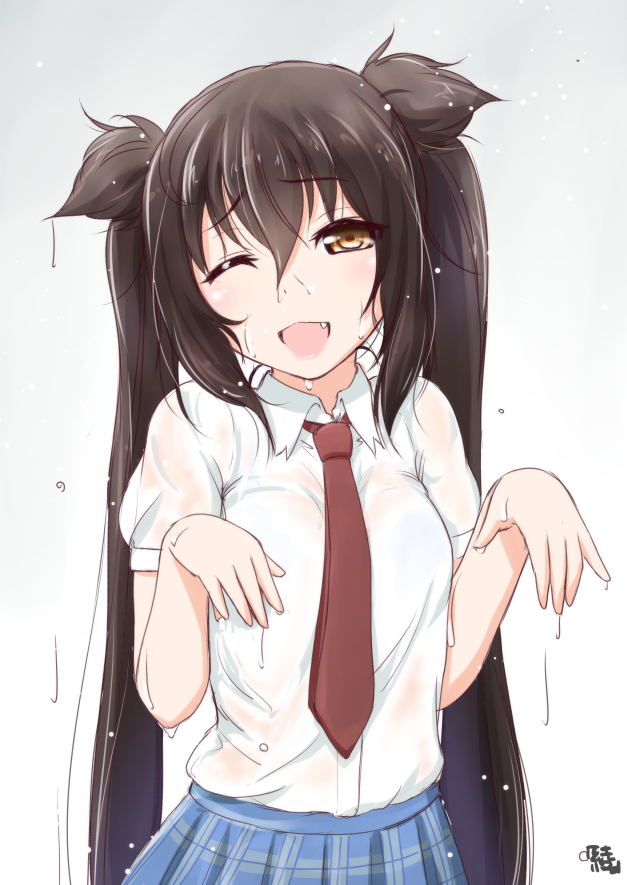 1girl, ayama_yuiya, black_hair, fang, gradient, gradient_background, komine_shiro, long_hair