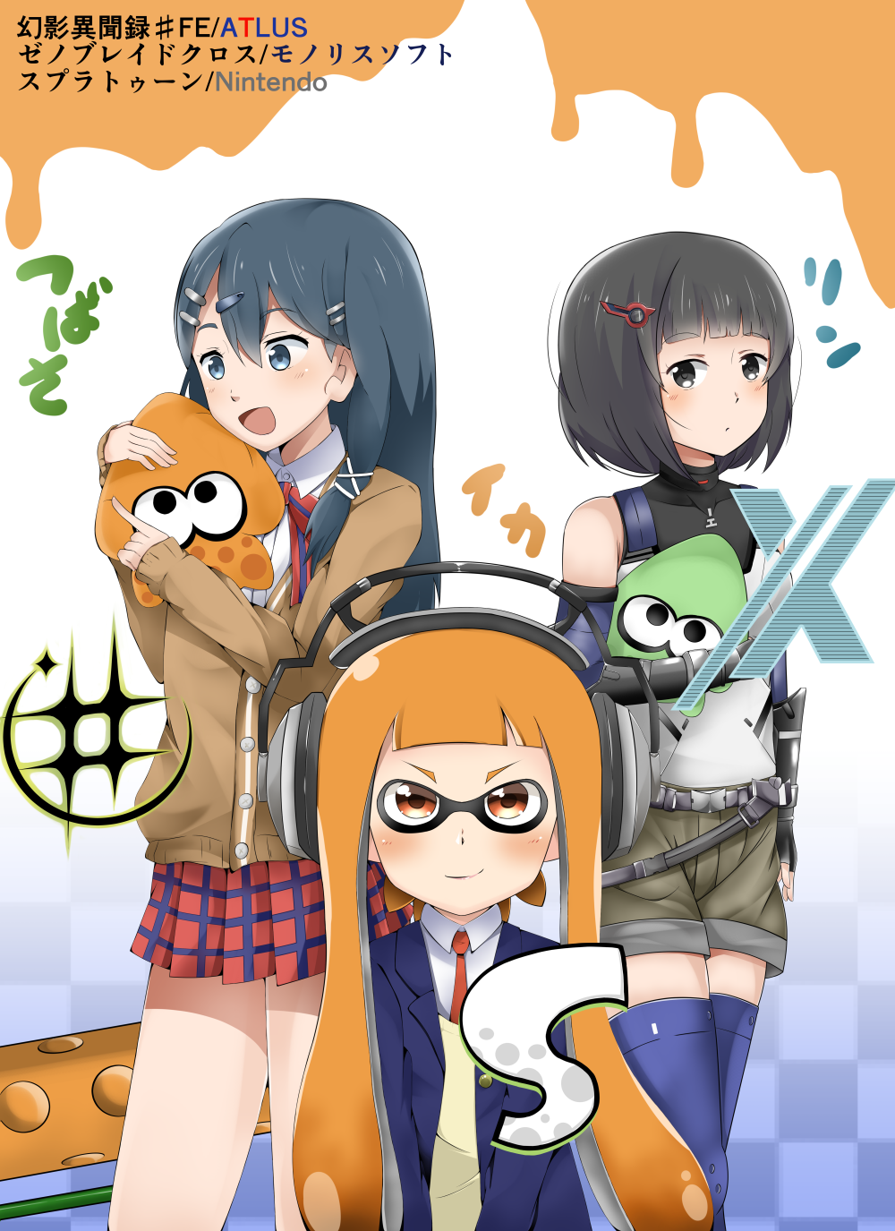 3girls, black_eyes, black_hair, blue_hair, blush, checkered, female, genei_ibunroku_#fe