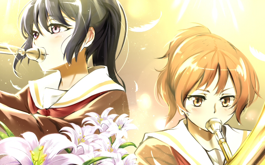 2girls, black_hair, brown_eyes, brown_hair, euphonium, gradient, gradient_background, hibike!_euphonium
