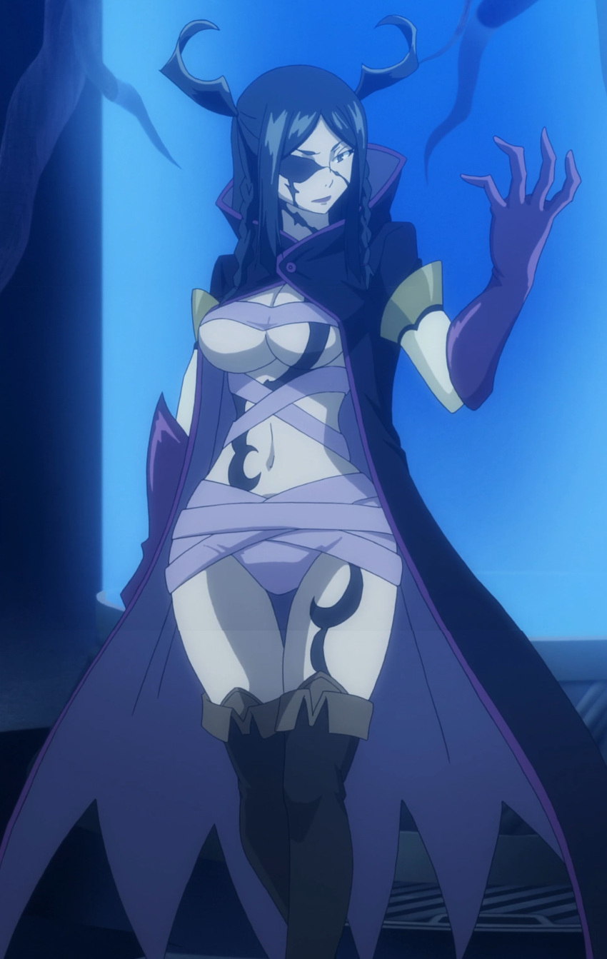 bandage, black_hair, breasts, cape, cleavage, demon, demon_girl, dress, eyepatch, fairy_tail, gloves, gradient, gradient_background, green_eyes, highres, large_breasts, lips, lipstick, long_hair, makeup, minerva_orlando, pose, red_lipstick, screencap, stitched, tattoo