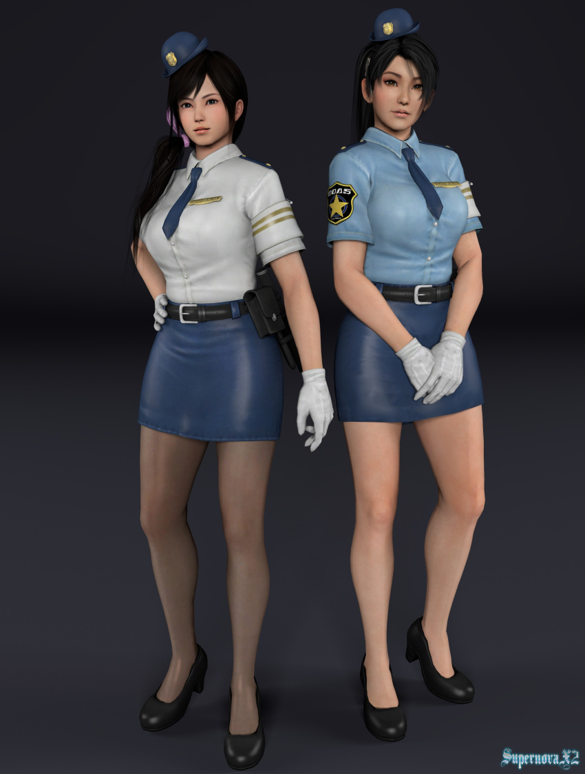 2girls, 3d, black_hair, blue_eyes, brown_eyes, dead_or_alive, gloves, gradient