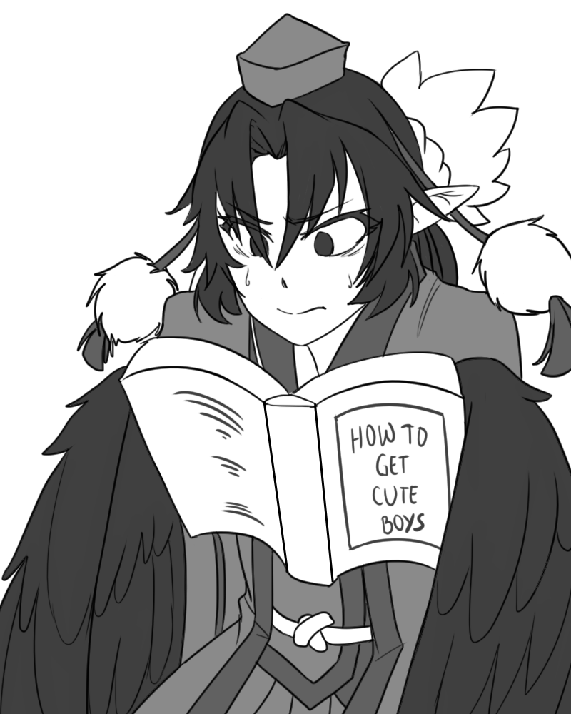 1girl, artist_request, book, crow_tengu, english, feathers, female, harpy