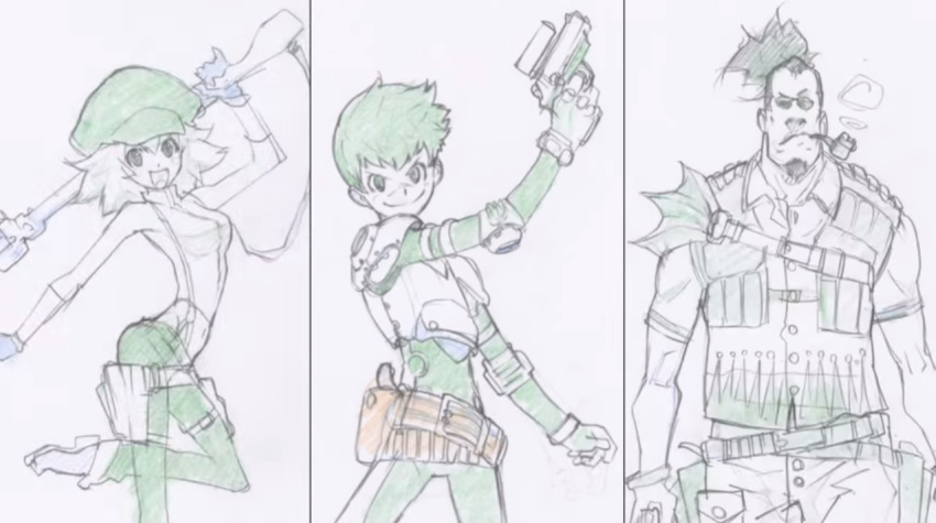 1girl, 2boys, armor, beck_(red_ash), belt, blonde_hair, bodysuit, call_(red_ash)