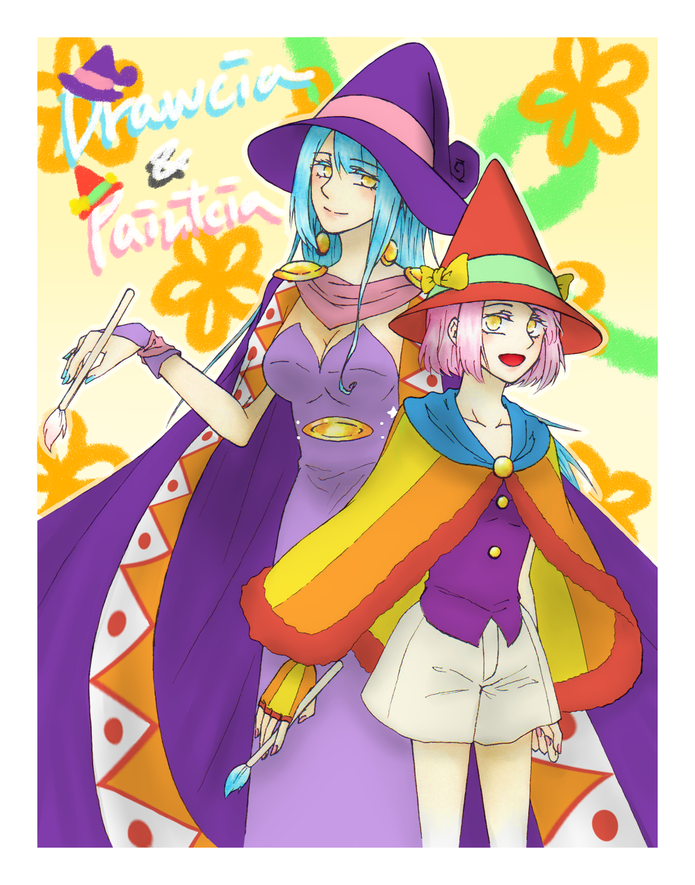 2girls, artist_request, blue_hair, bow, breasts, cape, cloak, drawcia