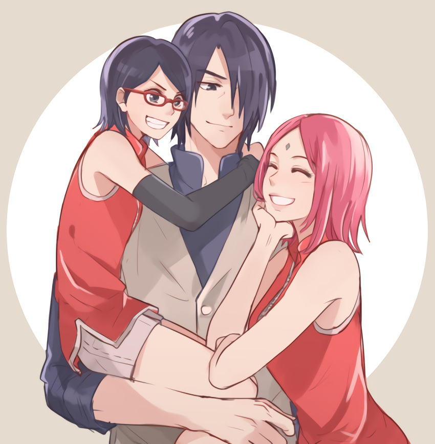 1boy, 2girls, arm_warmers, black_hair, carrying, facial_mark, family, forehead_mark