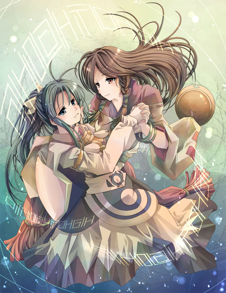 2girls, ahoge, bell, blue_eyes, blue_hair, bow, brown_hair, camelot, cape, coatlicue_(golden_sun), golden_sun, gradient, gradient_background, hair_bow, hand_holding, japanese_clothes, kimono, long_hair, mary_(golden_sun), multiple_girls, otoginoringo, ponytail, ribbon, summon