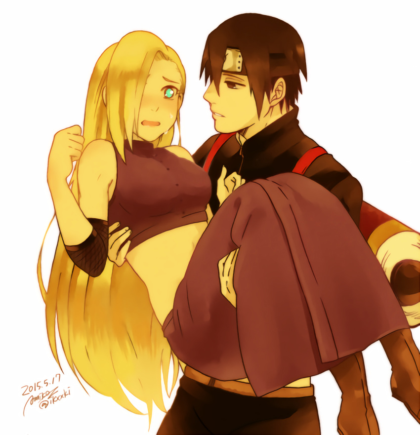 1boy, 1girl, amiko, black_hair, blonde_hair, hair_over_one_eye, long_hair, naruto