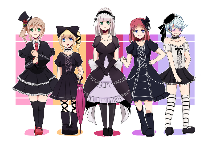 1boy, 4girls, alisha_diphda, aqua_eyes, bare_shoulders, blonde_hair, blue_eyes, blue_hair