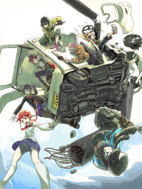 asakura_teppei, borrowed_character, car, character_request, crossover, etomo_shuko, glasses, gradient, gradient_background, ground_vehicle, m.u.g.e.n, motor_vehicle, multiple_boys, multiple_girls, original, red_eyes, redhead, school_uniform, shijikai_chiharu, skirt, tagme, tetuhei