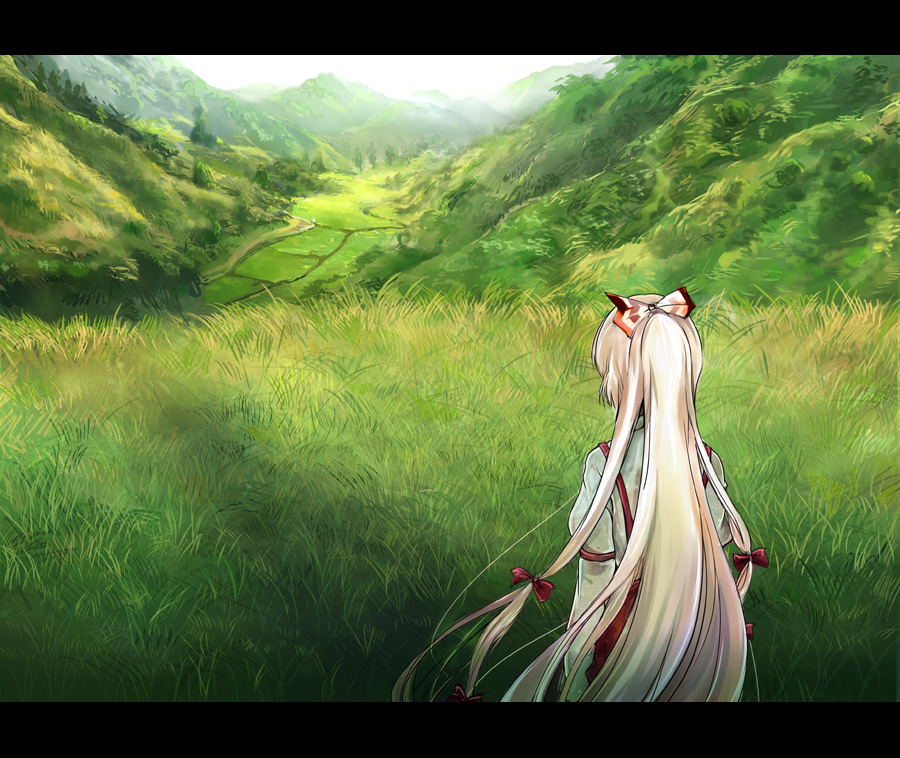 fujiwara_no_mokou, hair_bow, landscape, letterboxed, long_hair, mathnote, nature, ponytail, scenery, silver_hair, suspenders, touhou, very_long_hair