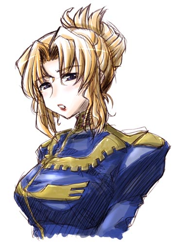 1girl, blonde_hair, blue_eyes, female, gundam, gundam_lost_war_chronicles, hirowa_nagi, jane_contie, military, military_uniform, simple_background, solo, uniform, upper_body