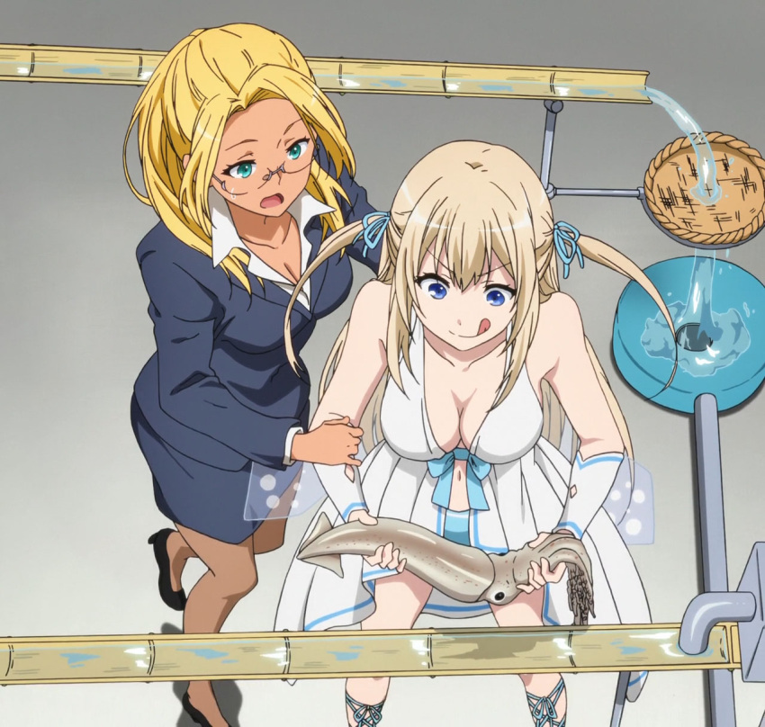 2girls, amagi_brilliant_park, aqua_eyes, ashe_(amaburi), bare_shoulders, blonde_hair, blue_eyes, breasts, brown_hair, cleavage, gradient, gradient_background, long_hair, multiple_girls, nagashi_soumen, open_mouth, screencap, secretary, squid, sylphy_(amaburi), tongue, tongue_out, twintails