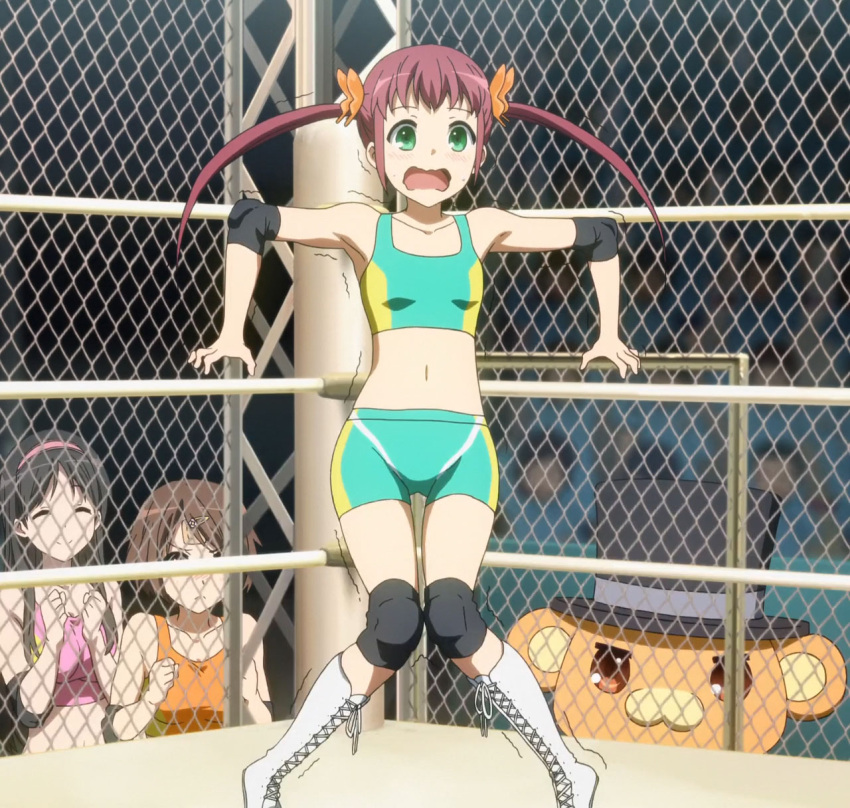 adachi_eiko, amagi_brilliant_park, bandou_biino, boots, chuujou_shiina, elbow_pads, green_eyes, knee_pads