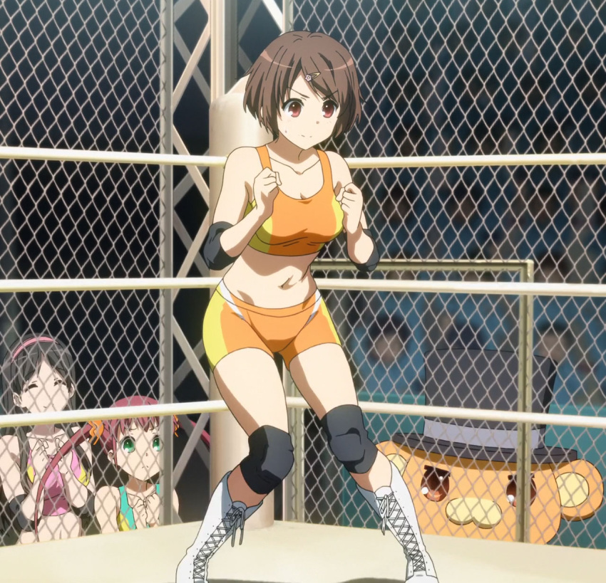 3girls, adachi_eiko, amagi_brilliant_park, bandou_biino, boots, breasts, brown_hair, chuujou_shiina