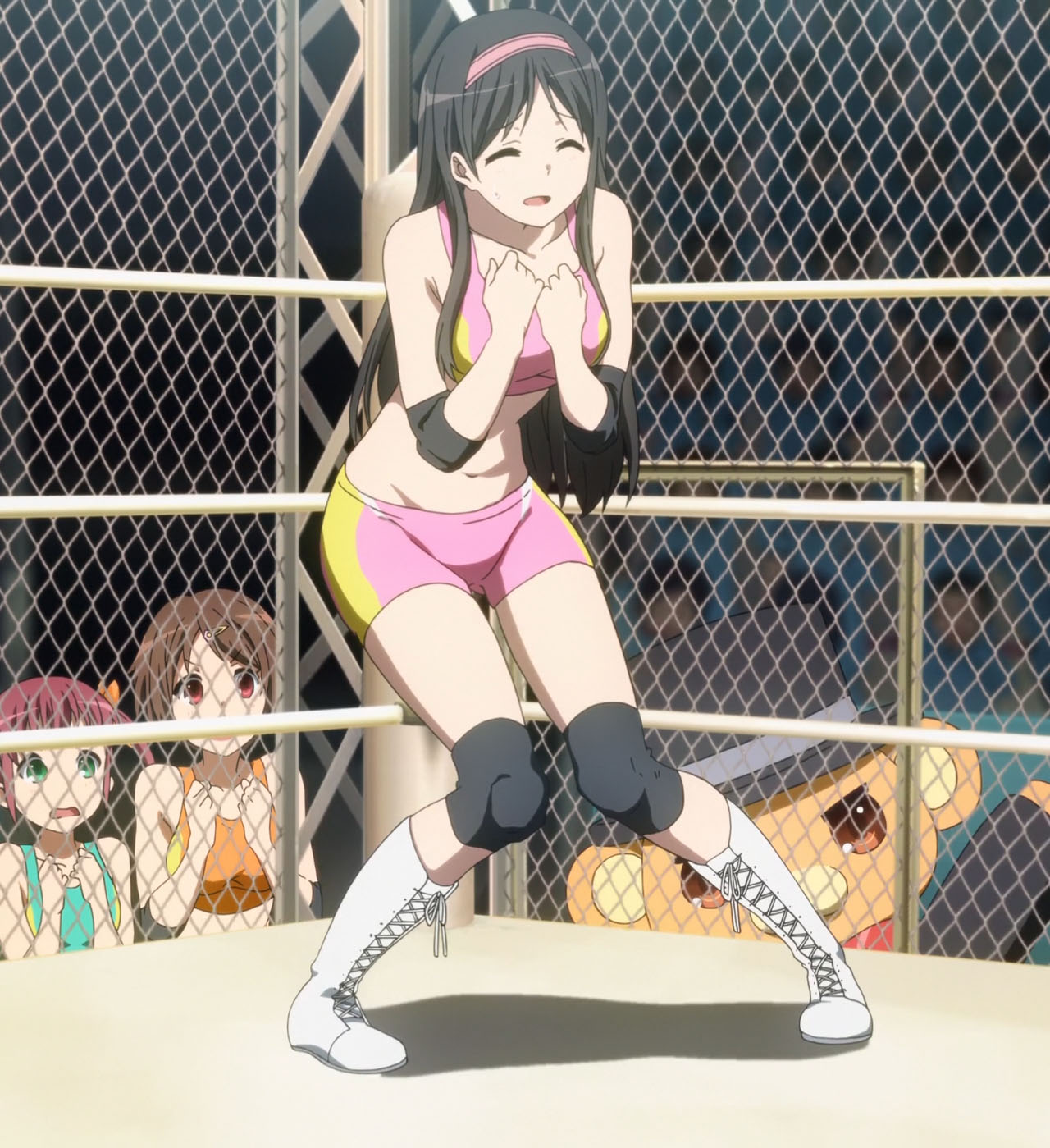 adachi_eiko, amagi_brilliant_park, bandou_biino, black_hair, boots, chuujou_shiina, closed_eyes, elbow_pads