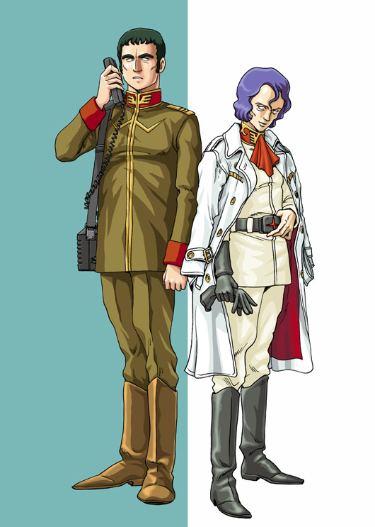 2boys, blue_hair, boots, bright_(artist), coat, gloves, gundam, m'quve