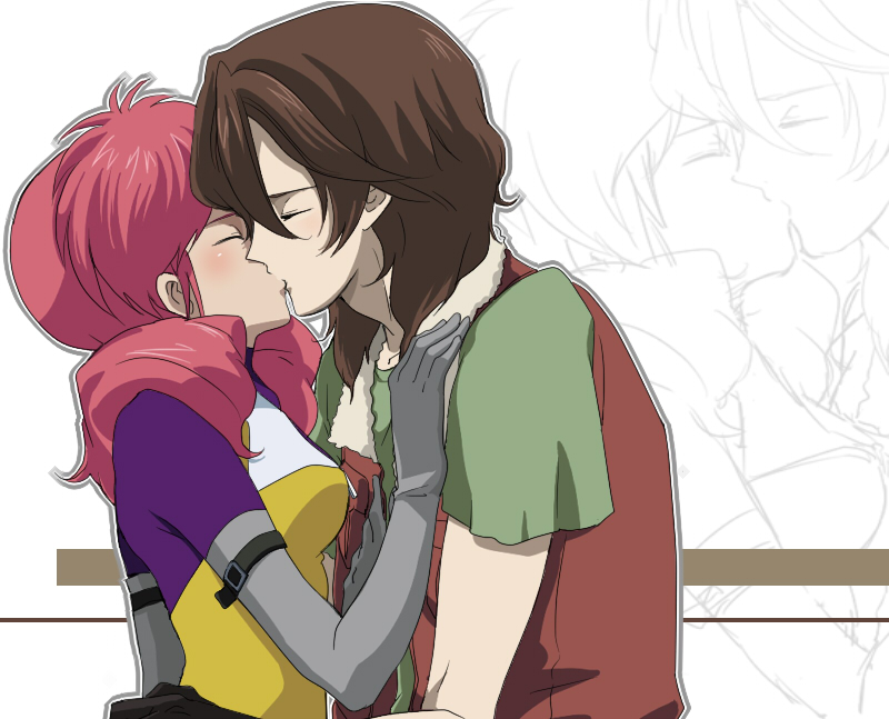 1girl, bad_id, blush, brown_hair, chiroru_shimai, closed_eyes, couple, elbow_gloves