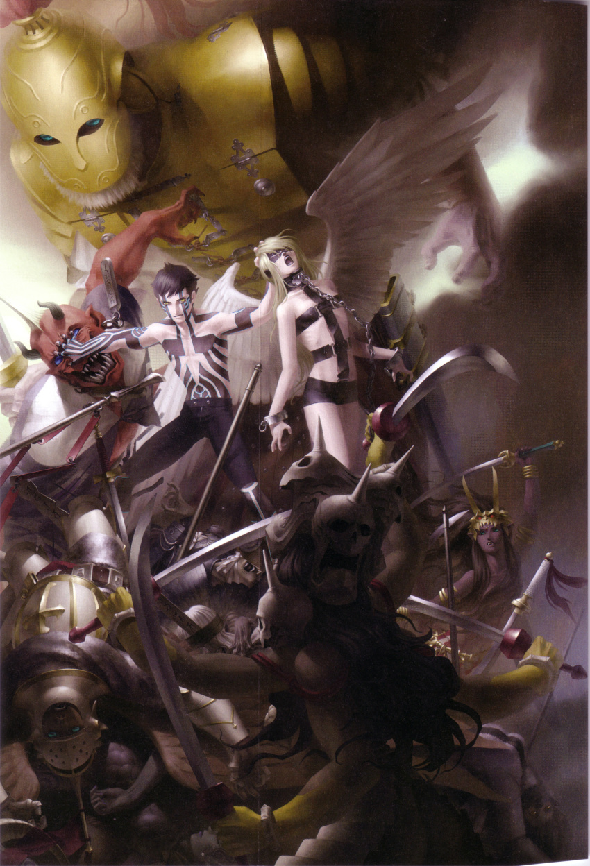 1boy, 1girl, hitoshura, official_art, oni, shin_megami_tensei, shin_megami_tensei_iii:_nocturne, taraka, thor, titan, yaksini