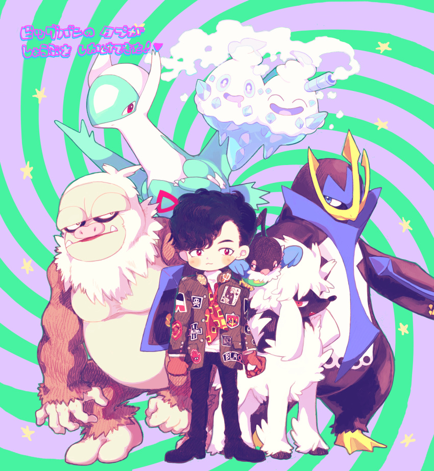 1boy, :3, bigbang, bird, black_hair, chatot, empoleon, furfrou