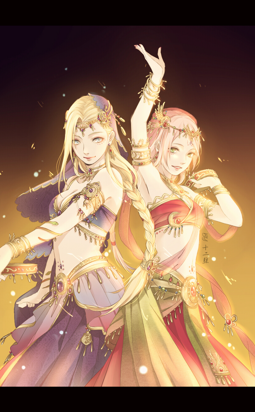 2girls, armlet, armpits, bangs, blonde_hair, bracelet, braid, breasts