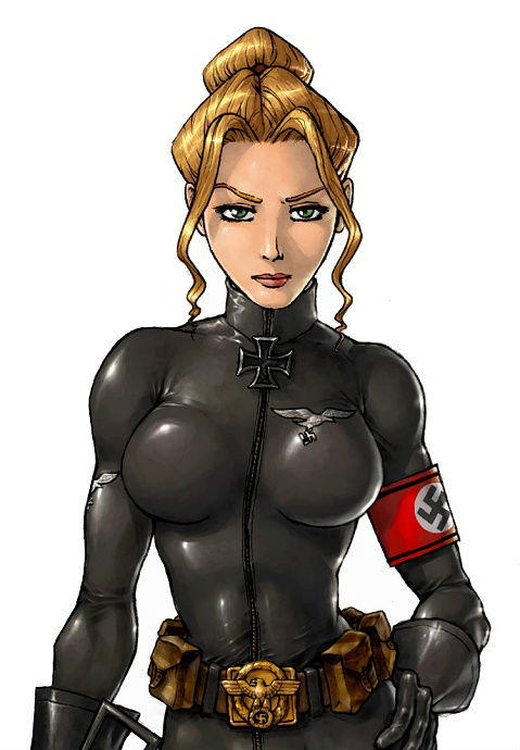 1girl, blonde_hair, bodysuit, breasts, elite_guard, large_breasts, latex, nazi