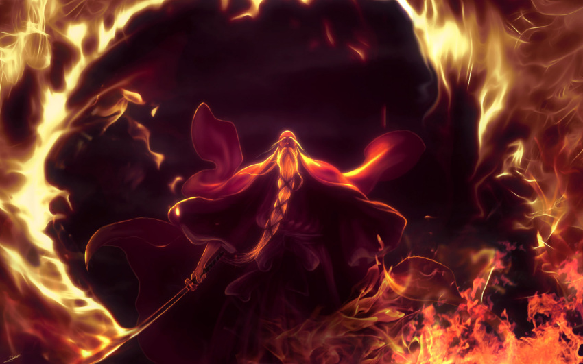 beard, bleach, cape, facial_hair, fire, haori, highres, japanese_clothes