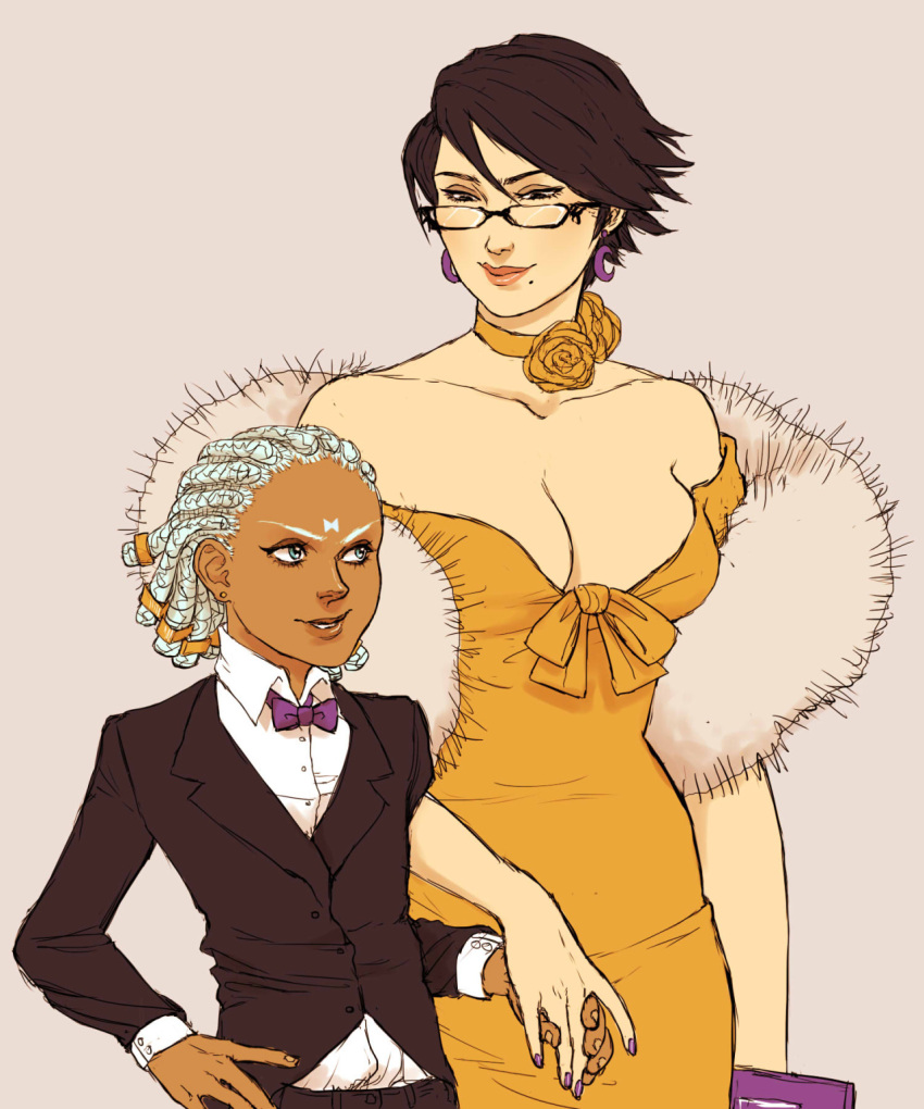 1boy, 1girl, alternate_costume, bayonetta, bayonetta_(character), beauty_mark, glasses, loki_(bayonetta)
