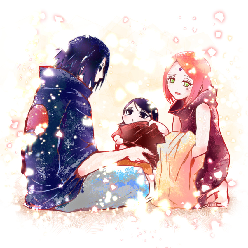 1boy, 2girls, black_hair, donburako8888, dressing, facial_mark, family, forehead_mark