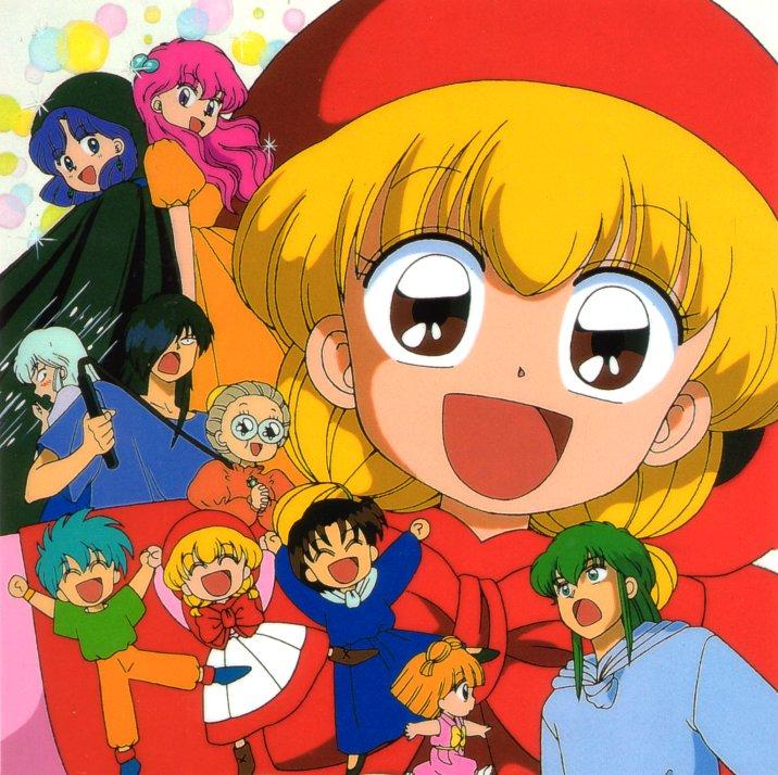 90s, akazukin_chacha, black_hair, blonde_hair, blue_eyes, blue_hair, brown_eyes, brown_hair