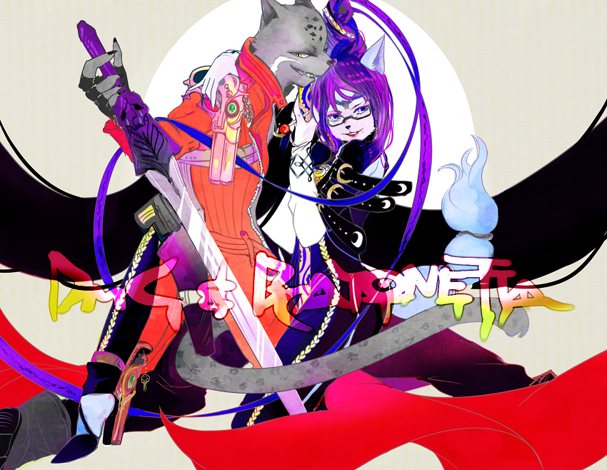 1boy, 1girl, bayonetta, blue_eyes, bodysuit, cosplay, crossover, furry