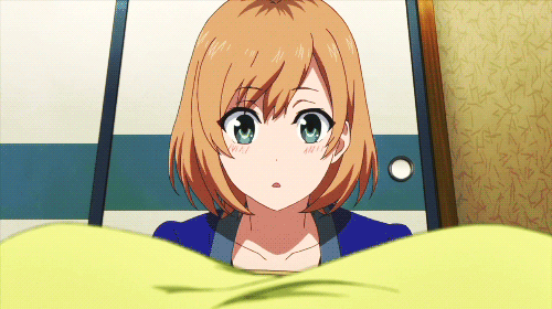 2girls, animated, animated_gif, aqua_eyes, breast_awe, breasts, brown_hair, large_breasts