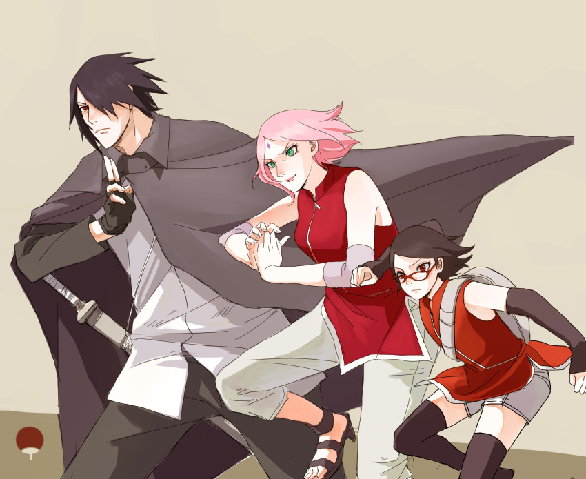 1boy, 2girls, absurdres, black_hair, cloak, facial_mark, family, forehead_mark