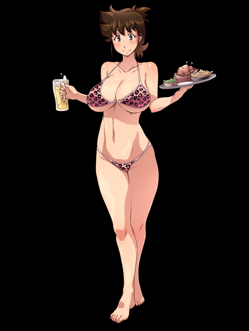 1girl, ajiyoshi_noriko, alcohol, barefoot, beer, bikini, black_background, blush, breasts, brown_eyes, brown_hair, cleavage, cup, feet, food, highres, huge_breasts, legs, looking_at_viewer, milf, mister_ajikko, navel, nightmare_express, onigiri_(ocelot), short_hair, simple_background, smile, solo, standing, swimsuit, thighs, thong, toes, tray