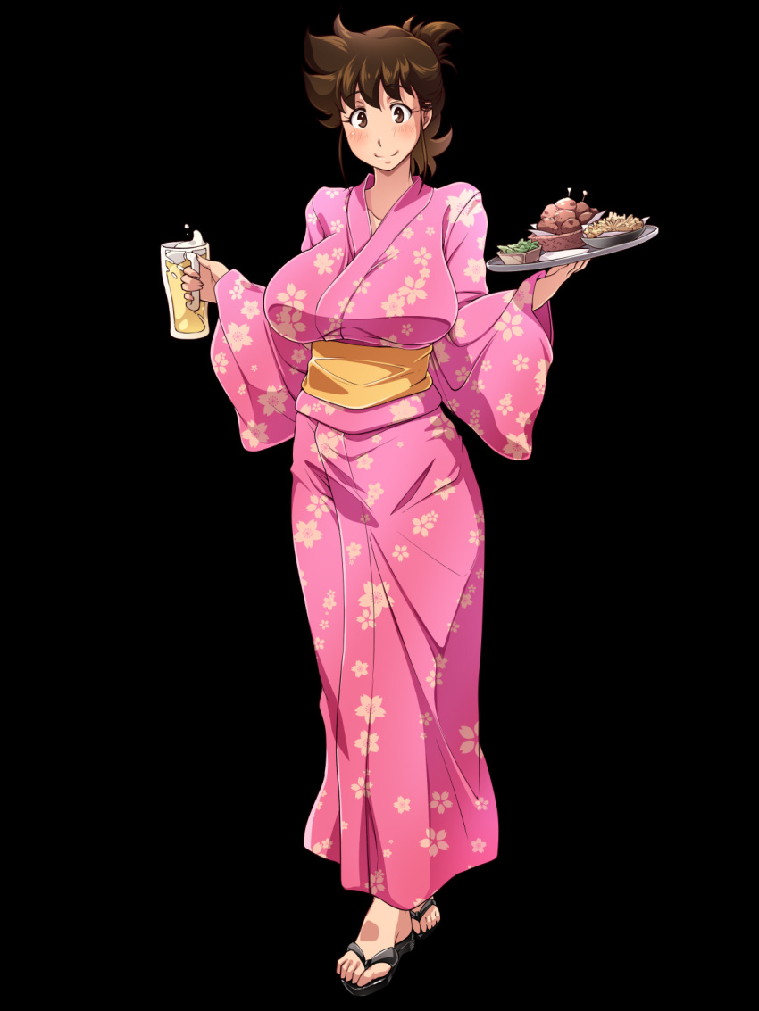 1girl, ajiyoshi_noriko, alcohol, beer, black_background, blush, breasts, brown_eyes, brown_hair, cup, feet, food, highres, huge_breasts, japanese_clothes, kimono, looking_at_viewer, milf, mister_ajikko, nightmare_express, onigiri_(ocelot), sandals, short_hair, simple_background, smile, solo, standing, toes, tray