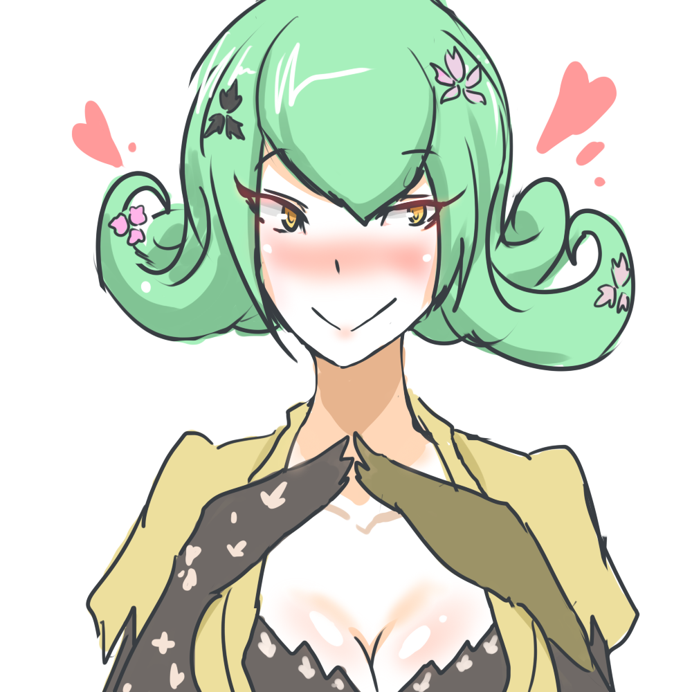 1girl, artist_request, blush, digimon, digimon_story:_cyber_sleuth, female, green_hair, heart, kishibe_rie, simple_background, smile, solo, yellow_eyes