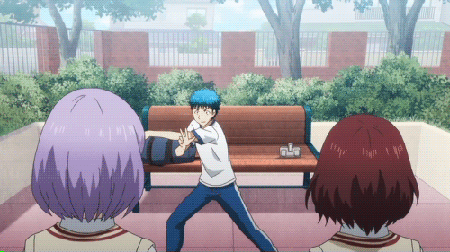 1boy, 2girls, animated, animated_gif, blue_hair, brown_hair, itou_miyabi, multiple_girls