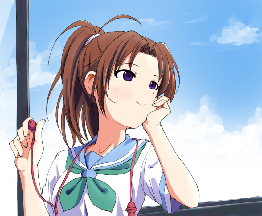 1girl, brown_hair, duntv, earphones, gradient, gradient_background, hibike!_euphonium, nakagawa_natsuki