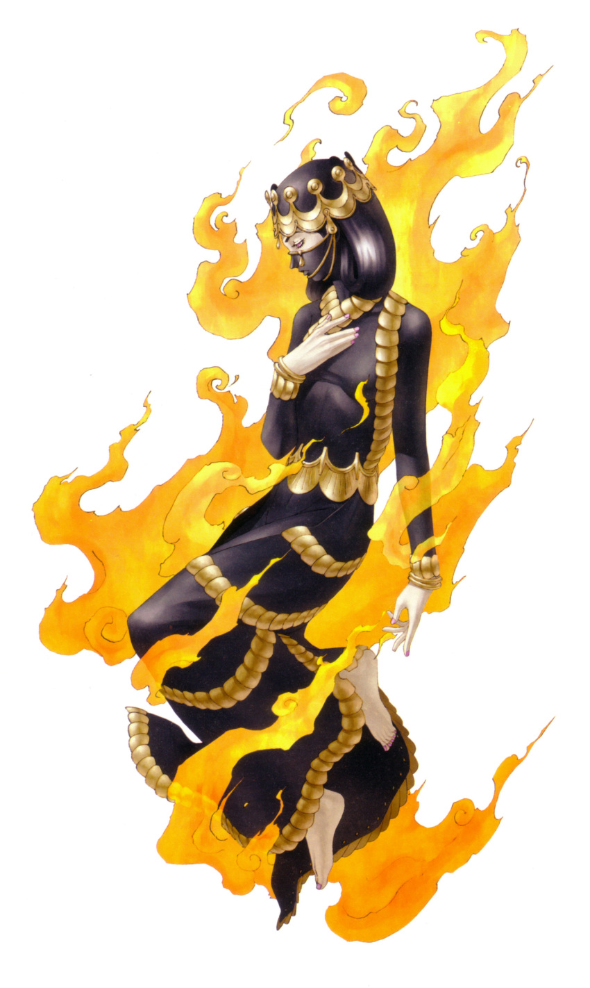 1girl, black_hair, fire, official_art, pink_eyes, sati, shin_megami_tensei, simple_background